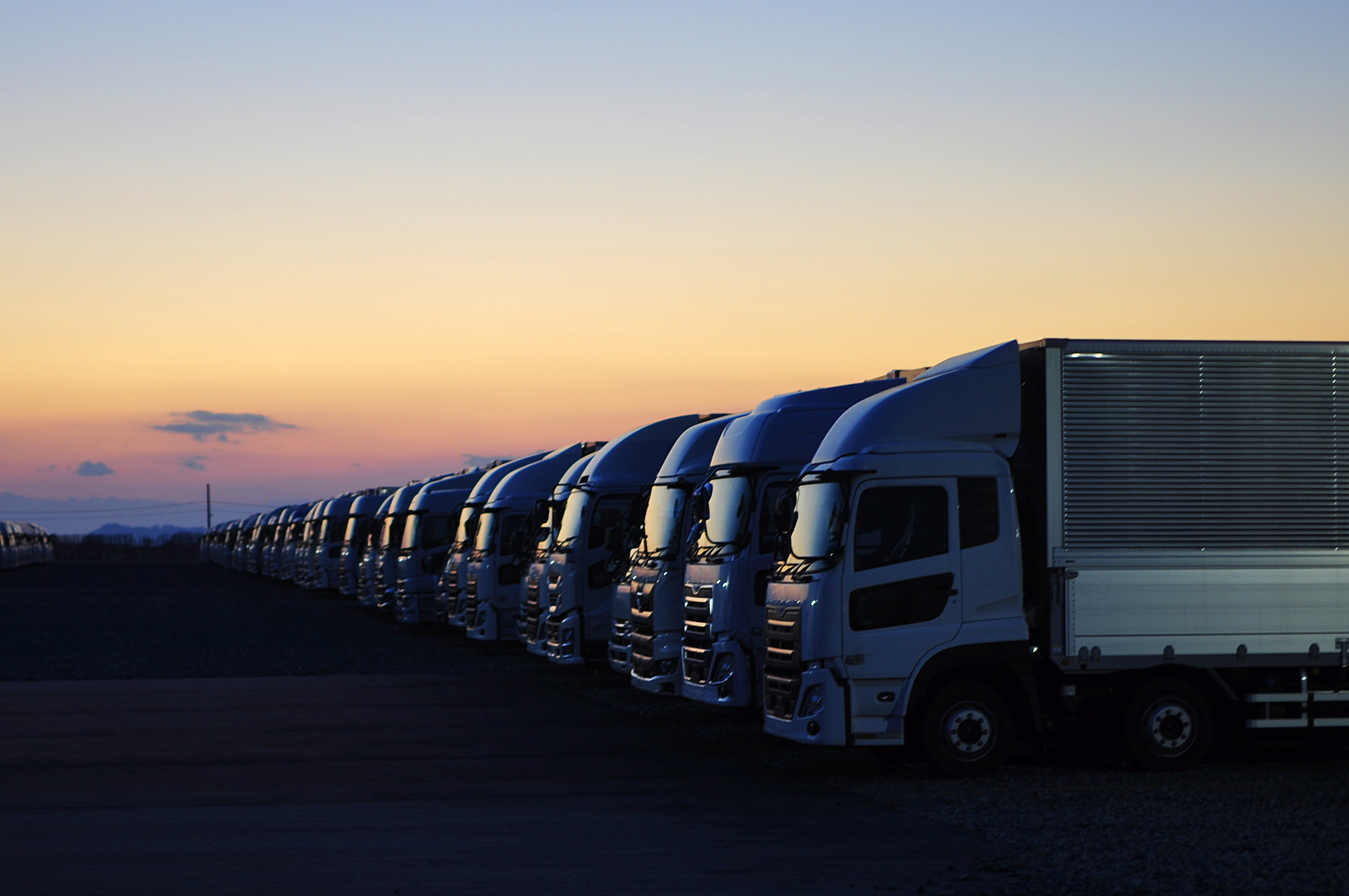 夕日を背景に並ぶトラック